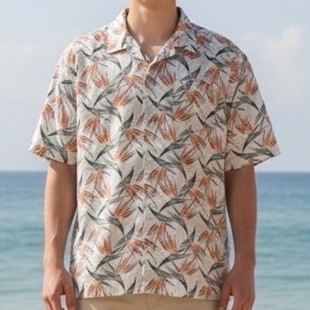 Tropical Bird of Paradise Hawaiian Short Sleeve Dress Shirt Button Down Large‎